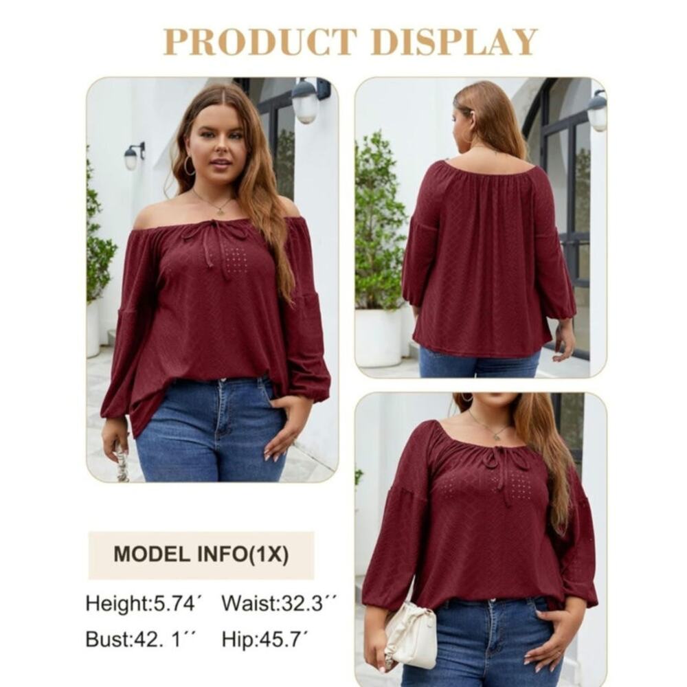 Plus Size Tops Women SZ 3X Long Puff Sleeve Embroidery Peplum Casual Blouse - Picture 3 of 8